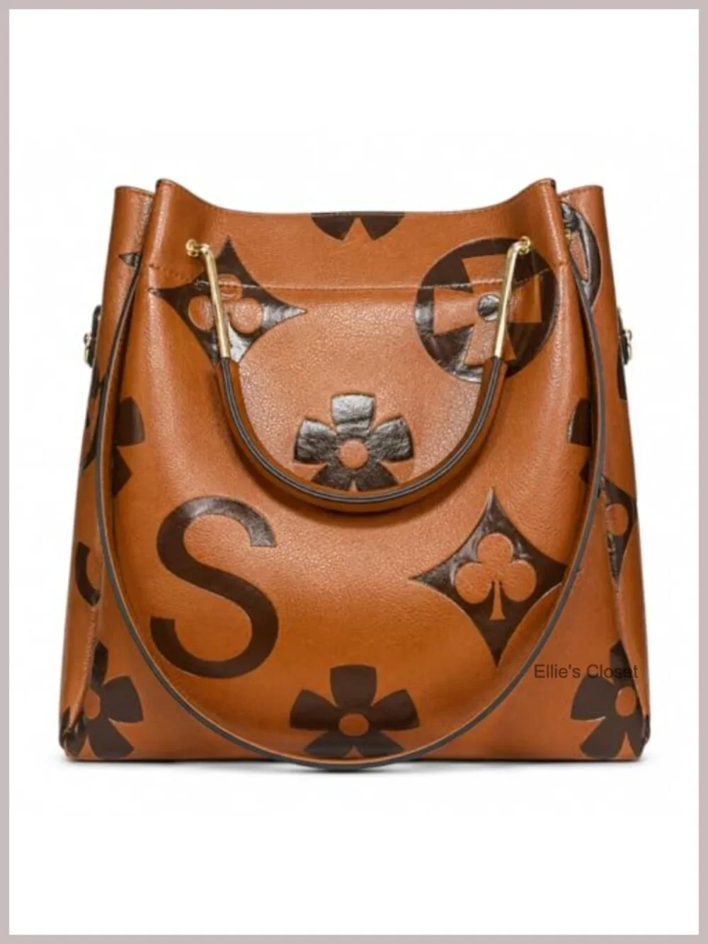 Women's Retro Monogram Crossbody Bag Vegan Leather Satchel Tote with Drawstring